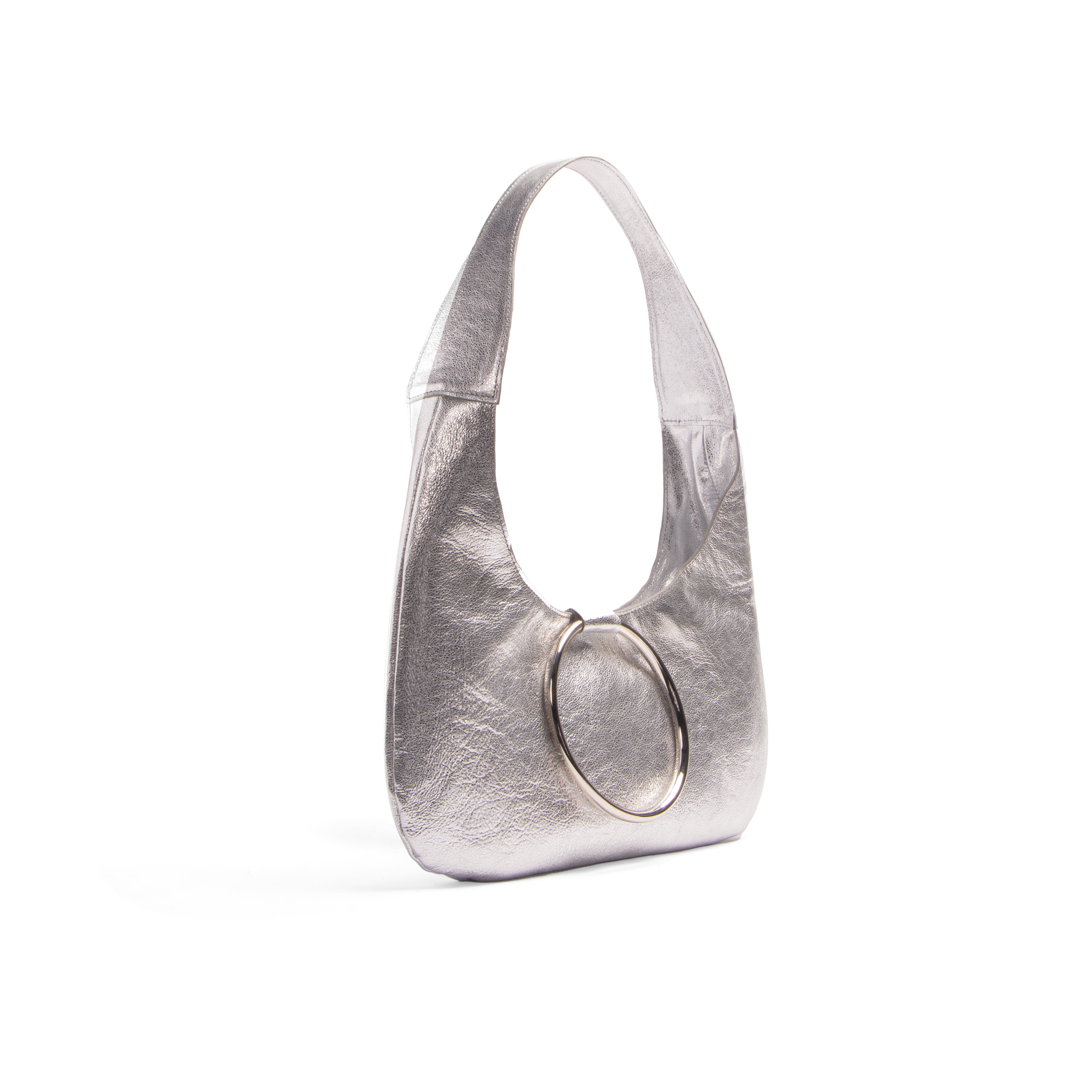 KALDA silver handbag with a circular clasp on a white background, side view