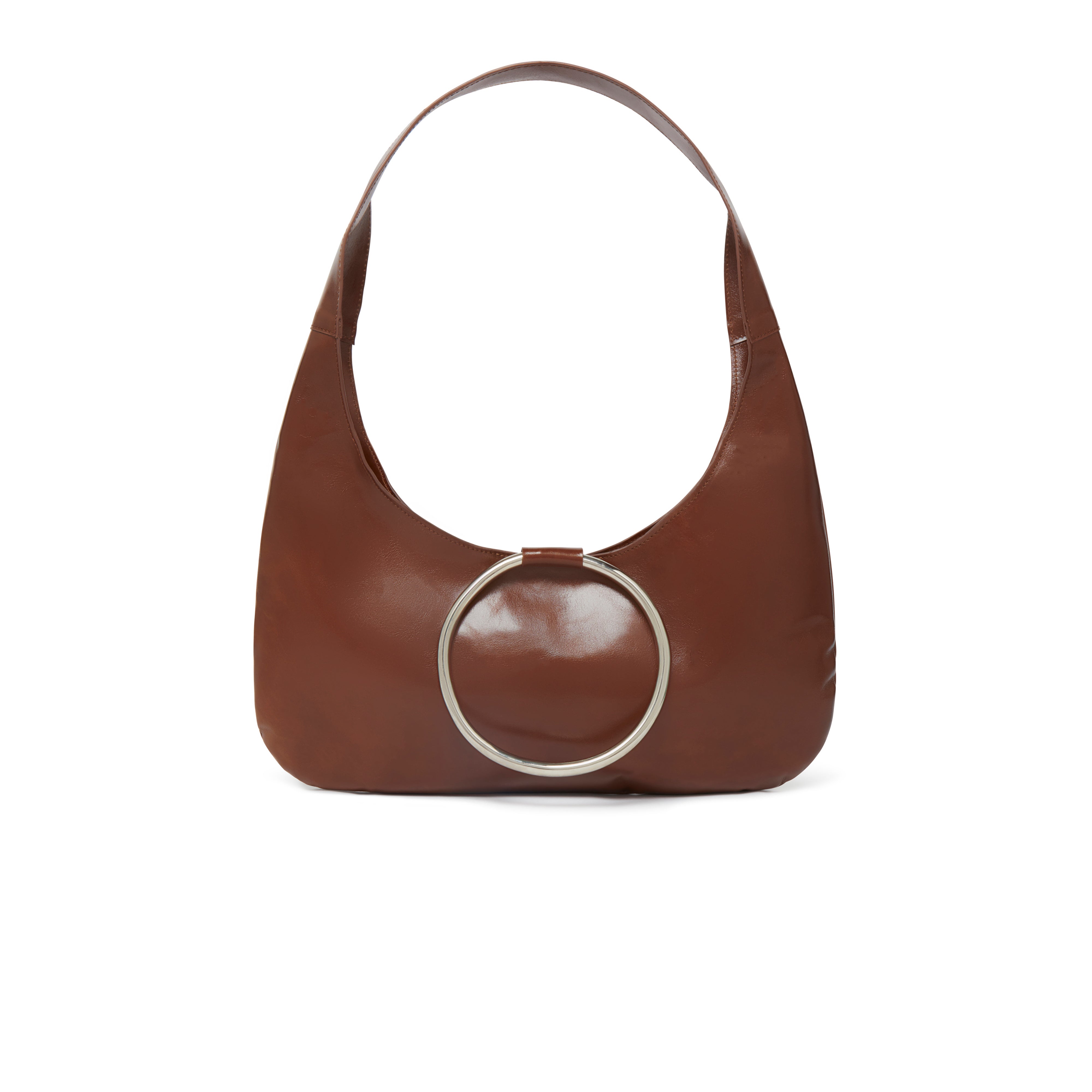 KALDA brown shoulder bag with a signature metal circle closure.