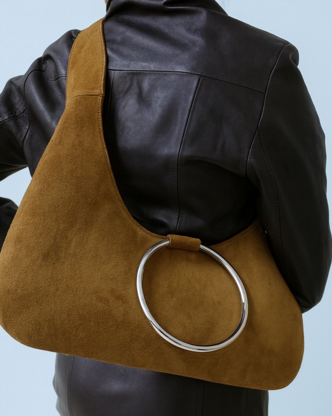 KALDA Brown suede handbag with a large metal ring handle