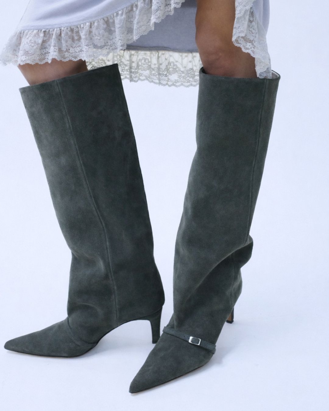 KALDA grey suede knee-high boots on the foot