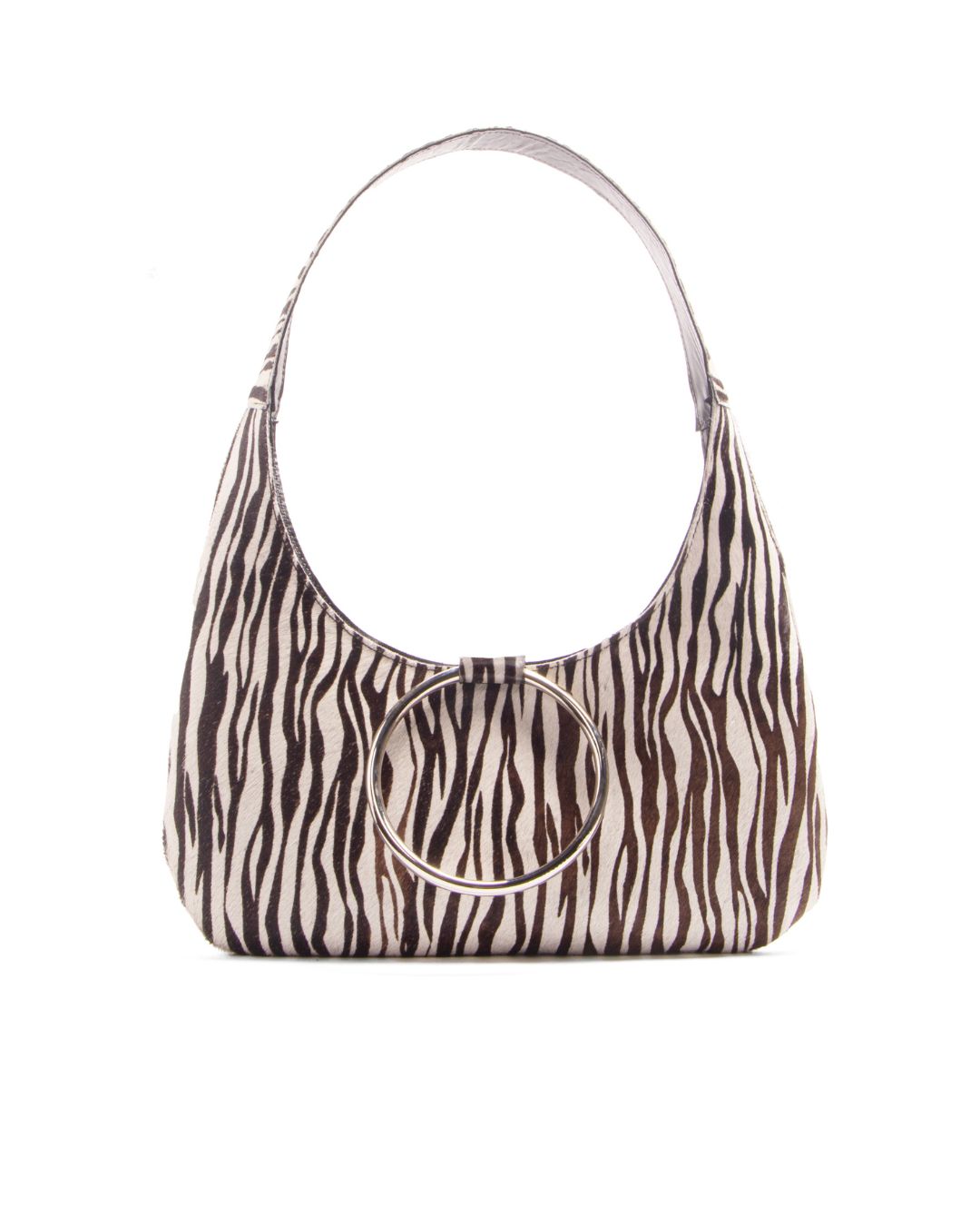 KALDA Zebra print handbag with circular handles on a white background