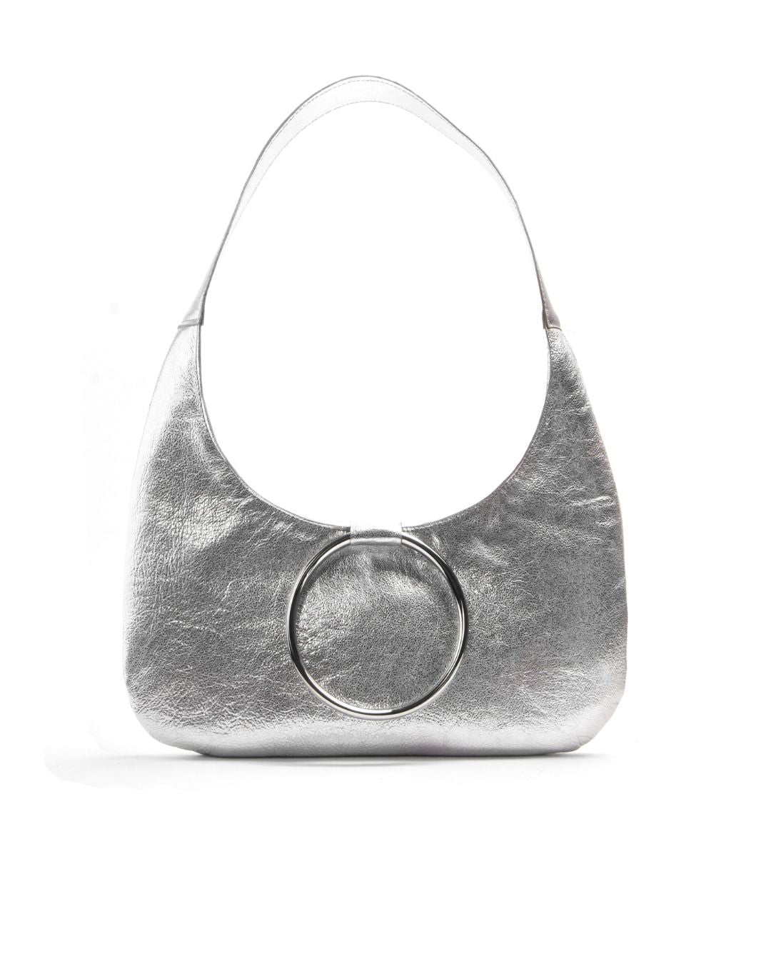 KALDA silver metallic handbag with a circular handle on a white background