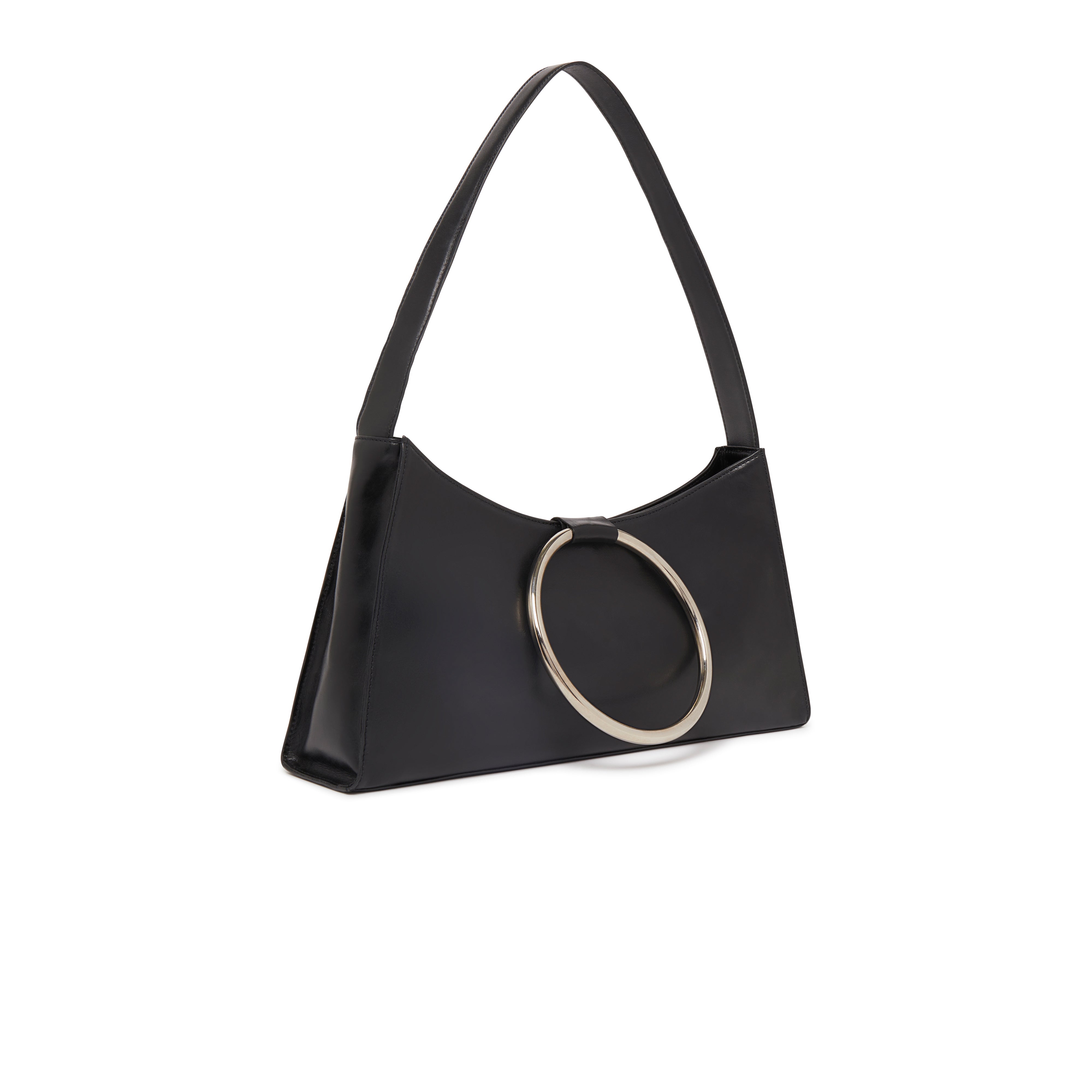 KALDA black leather bag with metal circle. side view on a white background