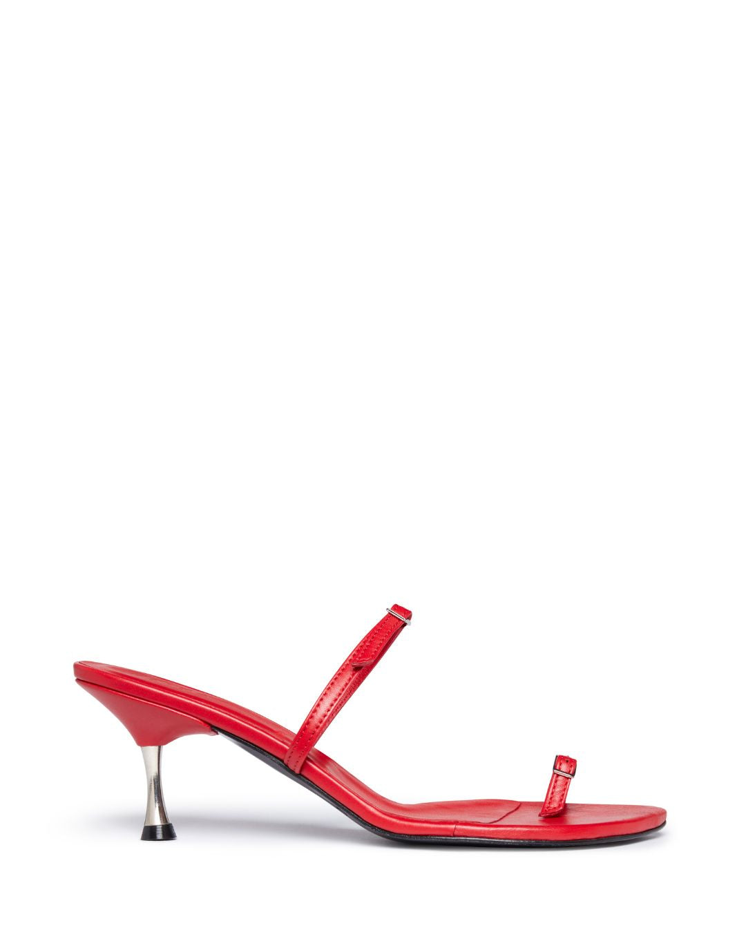 KALDA red strappy sandal with a metal heel and a functioning toe belt, set against a white background, side view