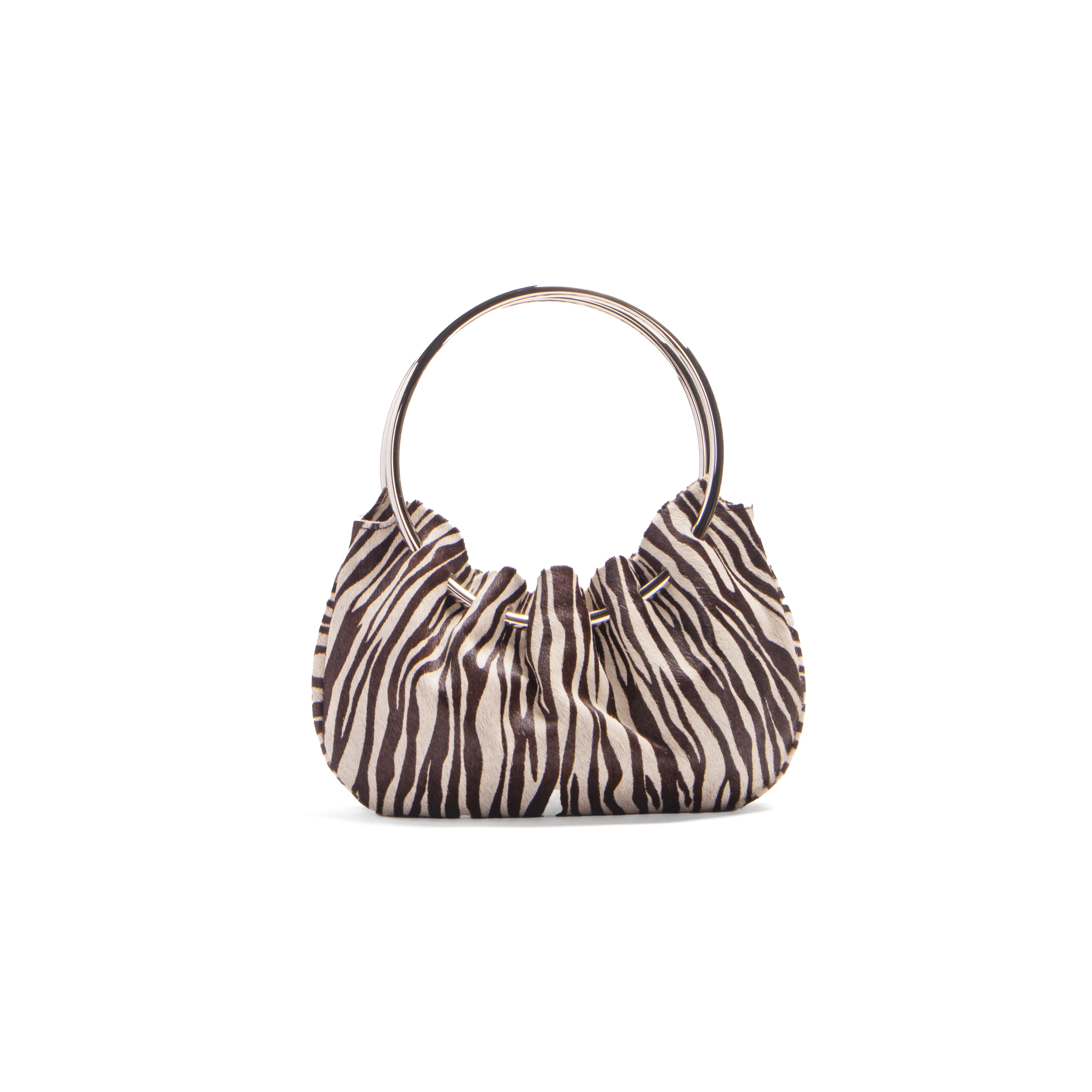 KALDA Zebra print handbag with a metal circle handle on a white background