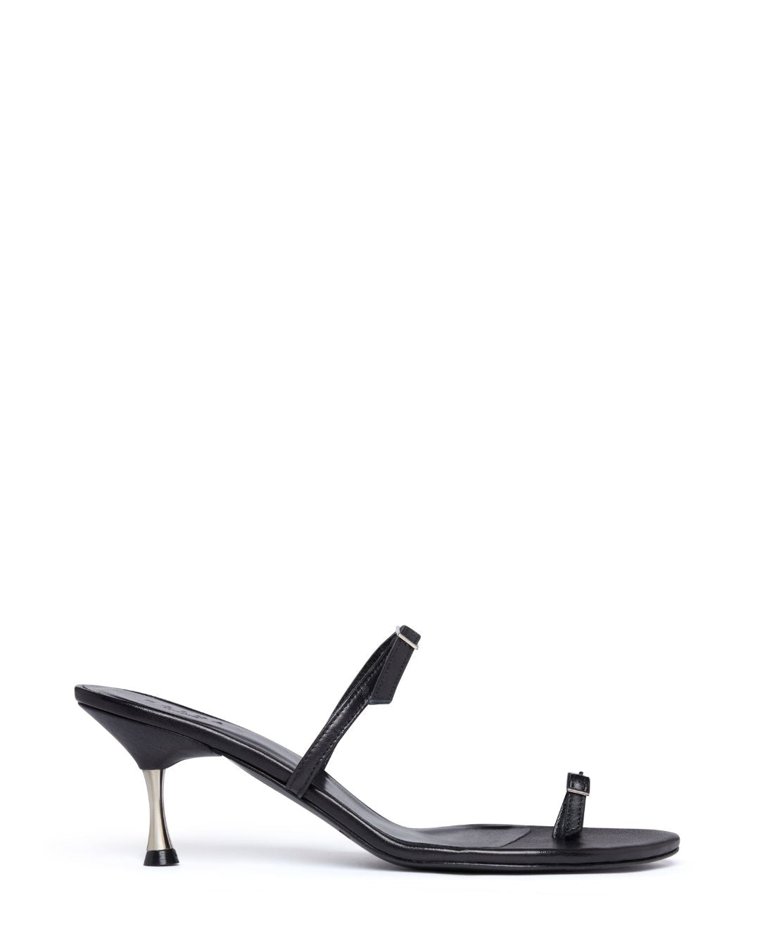 KALDA black leather sandal with a toe strap and a metal heel.