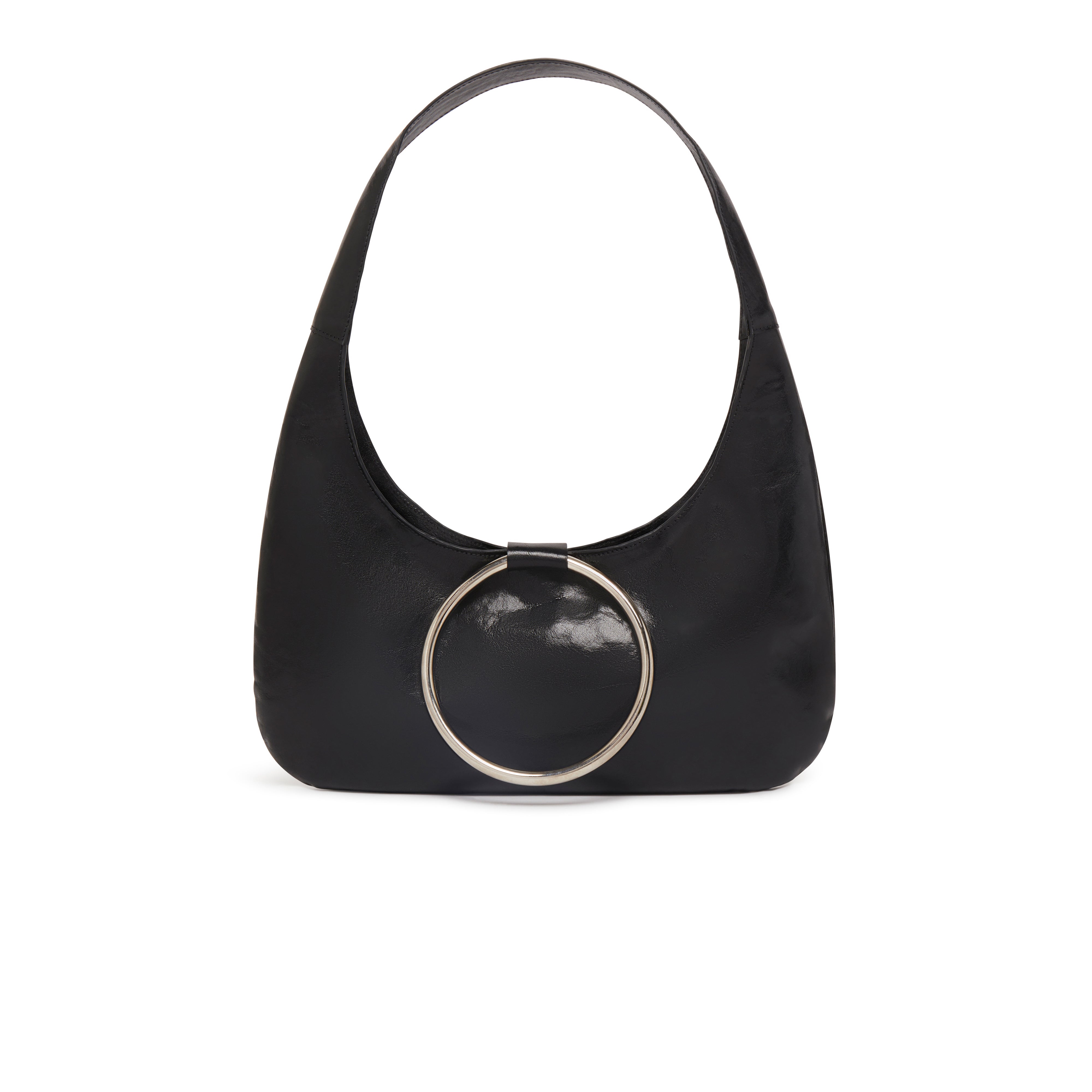 KALDA black leather shoulder bag featuring a large metal circle closure.