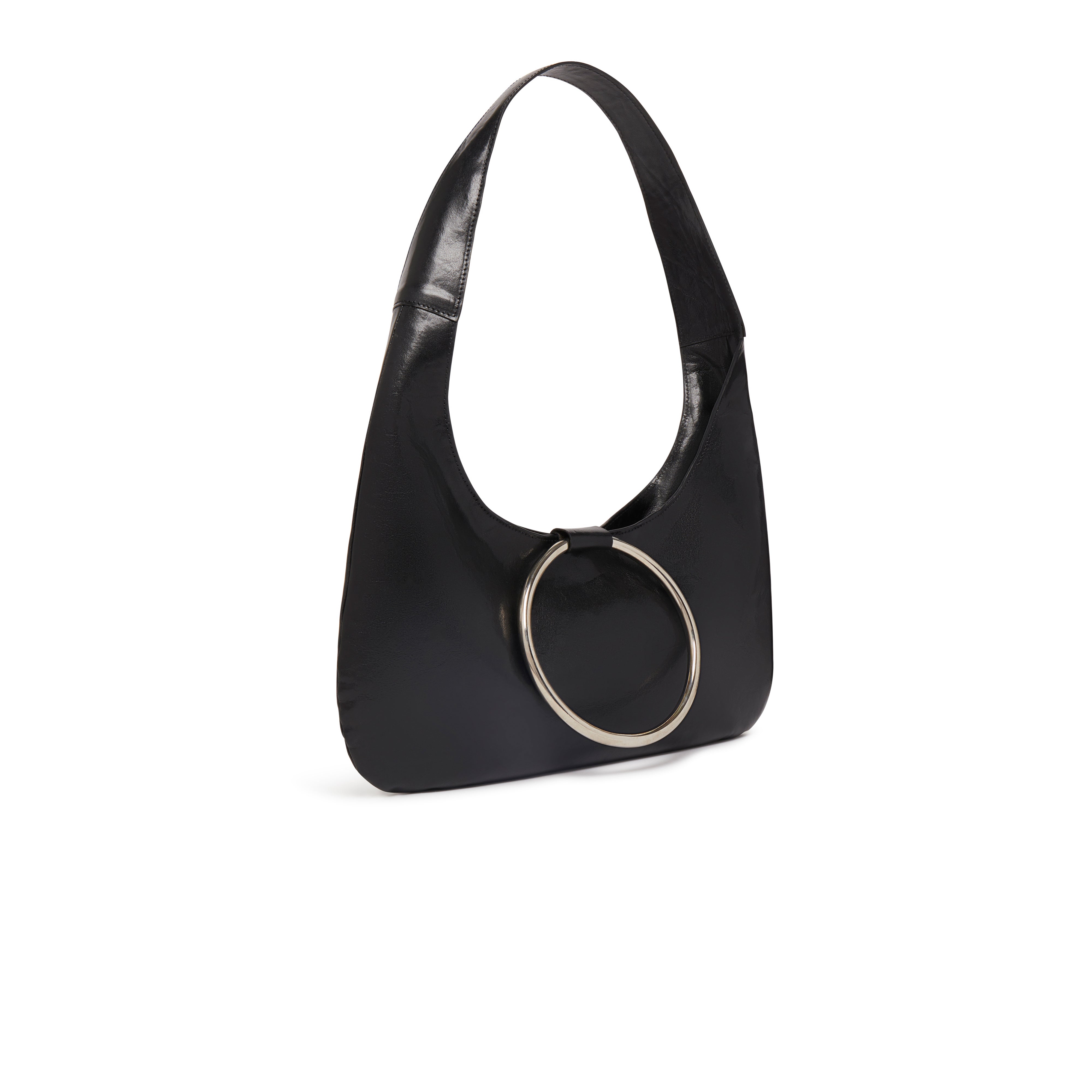 KALDA black leather shoulder bag featuring a large metal circle closure side view