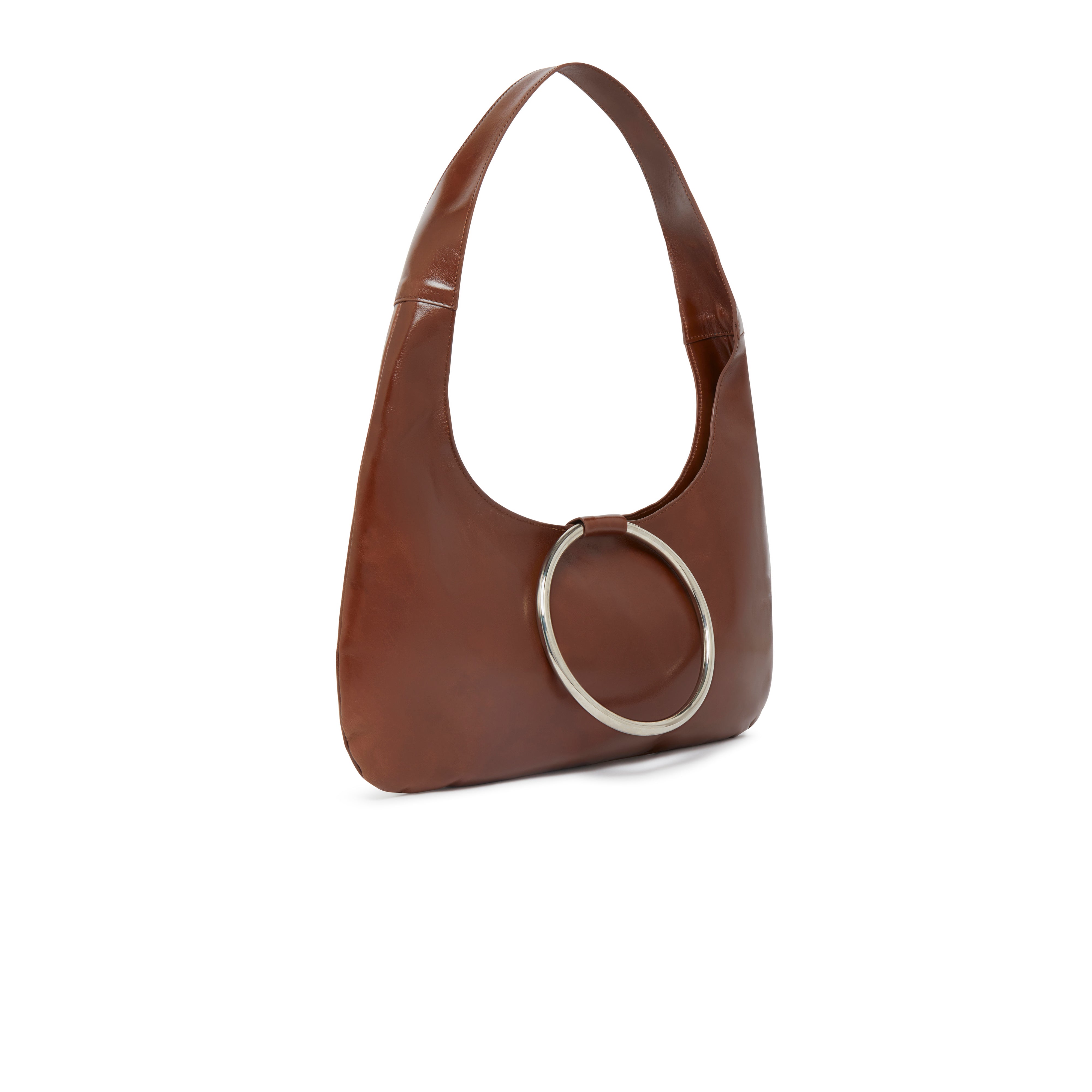KALDA brown shoulder bag with a signature metal circle closure.side view