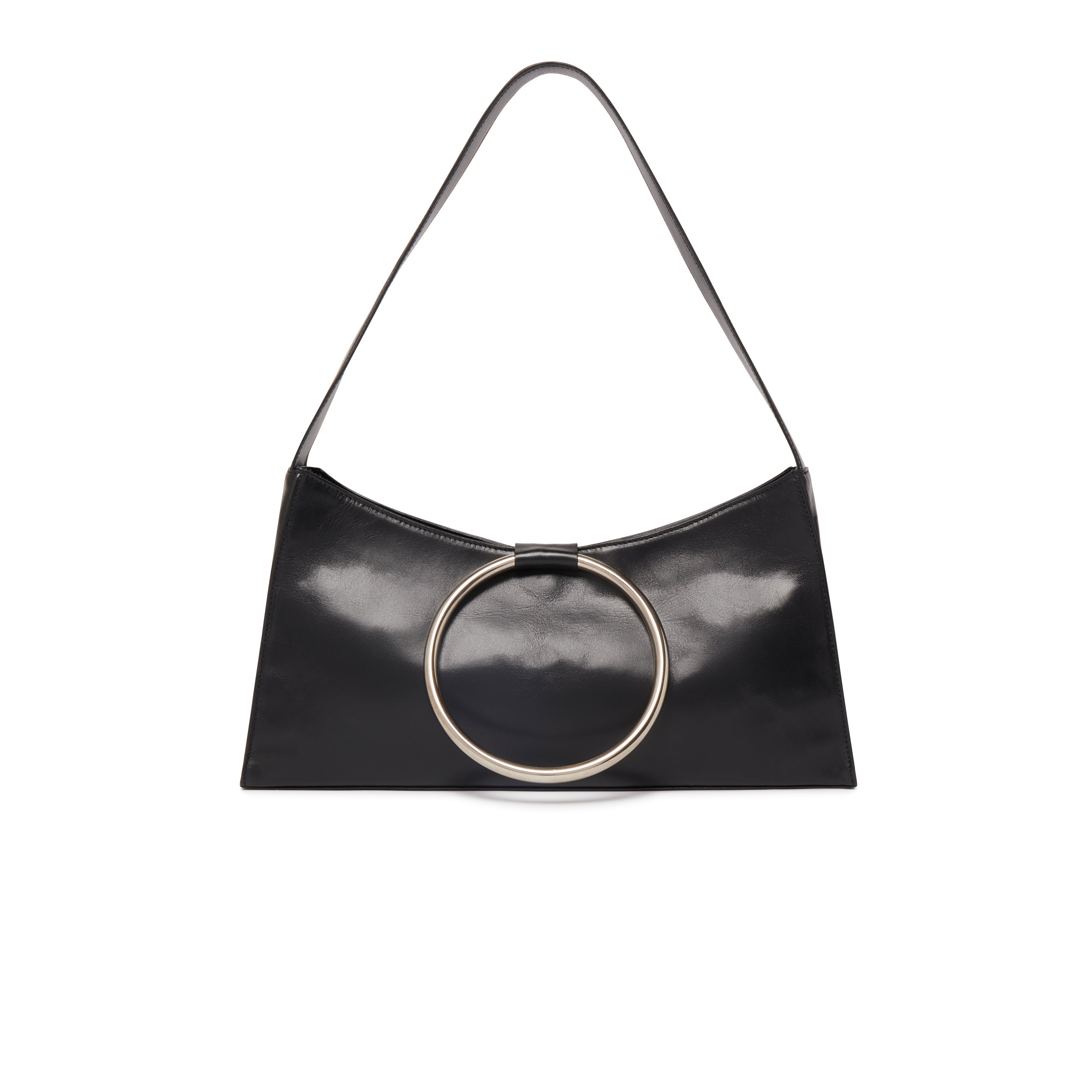 KALDA black leather shoulder bag with a silver metal circle closure on a white background
