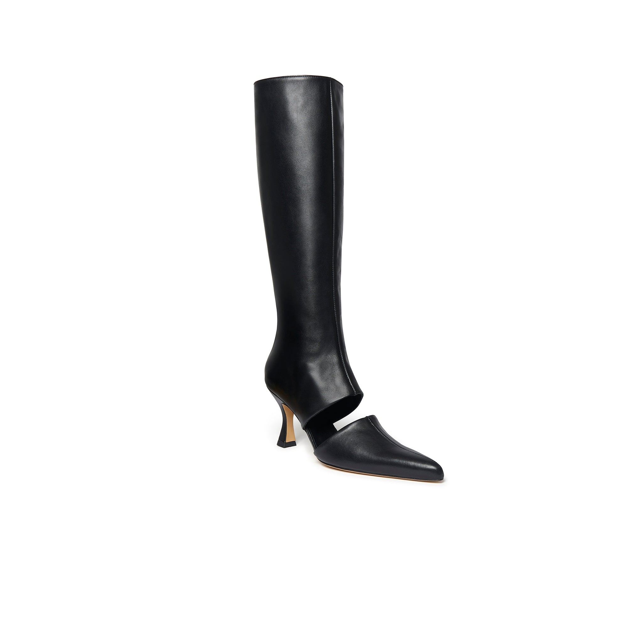 KALDA black leather knee-high boots with a cut out detail. side view on white background